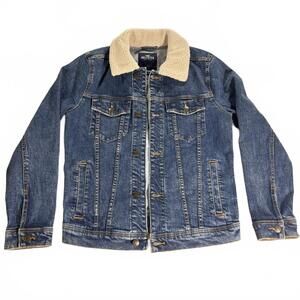 Hollister Y2K Jean Jacket Men's Small Epic Flex Denim Sherpa Collar Dark Wash